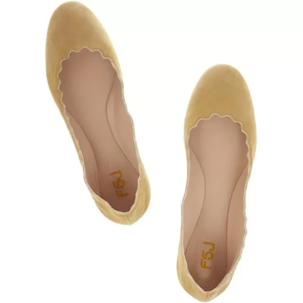 imageFSJ Women Cute Dress Pump Shoes Scalloping Round Toe Suede Ballet Flats for Comfort Size 415 USLemon Chiffon