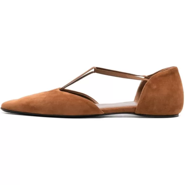 imageFSJ Women Dressy TStrap Ballet Flats Comfortable Elastic Closed Almond Toe Flats Slip On Cute Office Casual Walking ShoesBrown