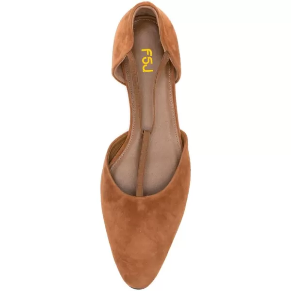 imageFSJ Women Dressy TStrap Ballet Flats Comfortable Elastic Closed Almond Toe Flats Slip On Cute Office Casual Walking ShoesBrown
