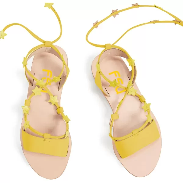 imageFSJ Women Laceup Flat Sandals Tie up Open Toe Cute Star Strappy Ankle Wrap Slingback CrissCross Casual Dress Summer Shoes Size 415 USYellow