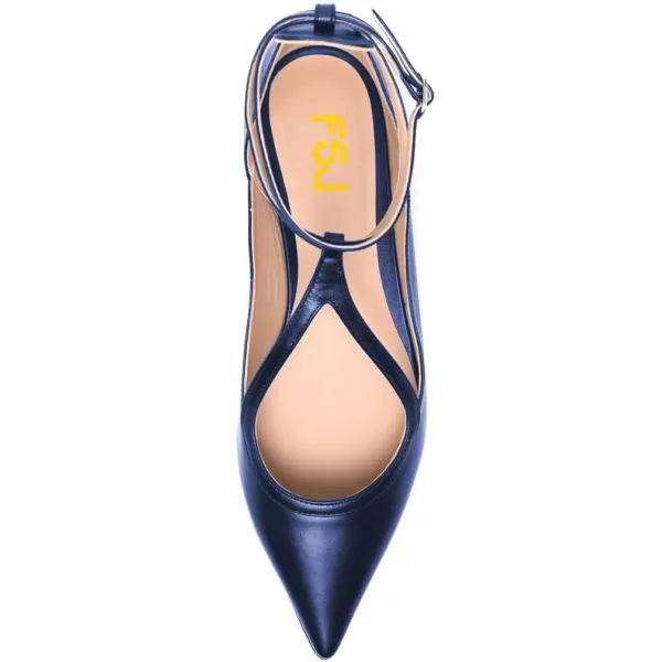 imageFSJ Womens Comfortable Chunky Low Heel Flat Cross Ankle Strap Buckle Classic Pointed Toe Retro TStrip Walking Dress Ladies Shoes Size 415 USBlue