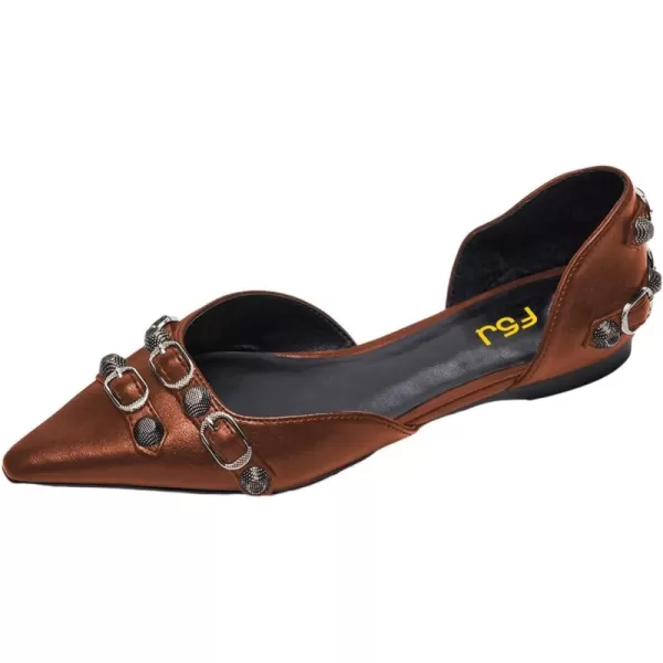 imageFSJ Women Closed Pointed Toe DOrsay Rivet Slip On Dress Flats Shoes Comfortable Studded Faux Leather Solid Color Fashion Shoes Size 416 USBrown