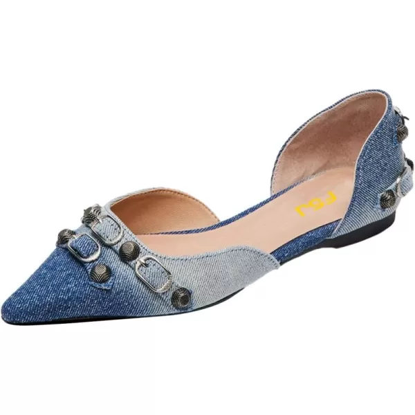 imageFSJ Women Closed Pointed Toe DOrsay Rivet Slip On Dress Flats Shoes Comfortable Studded Faux Leather Solid Color Fashion Shoes Size 416 USFaded Denim