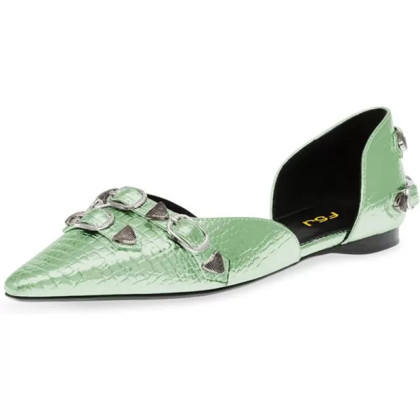 imageFSJ Women Closed Pointed Toe DOrsay Rivet Slip On Dress Flats Shoes Comfortable Studded Faux Leather Solid Color Fashion Shoes Size 416 USLight Green