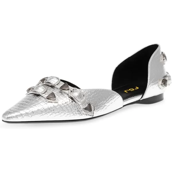 imageFSJ Women Closed Pointed Toe DOrsay Rivet Slip On Dress Flats Shoes Comfortable Studded Faux Leather Solid Color Fashion Shoes Size 416 USSilver
