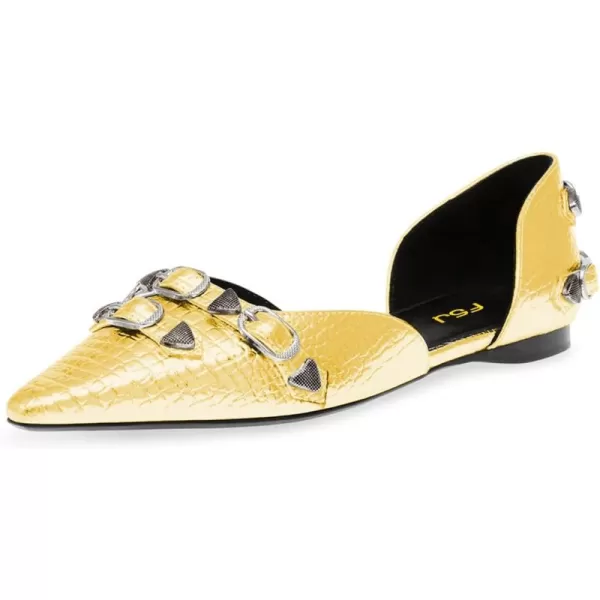 imageFSJ Women Closed Pointed Toe DOrsay Rivet Slip On Dress Flats Shoes Comfortable Studded Faux Leather Solid Color Fashion Shoes Size 416 USYellow