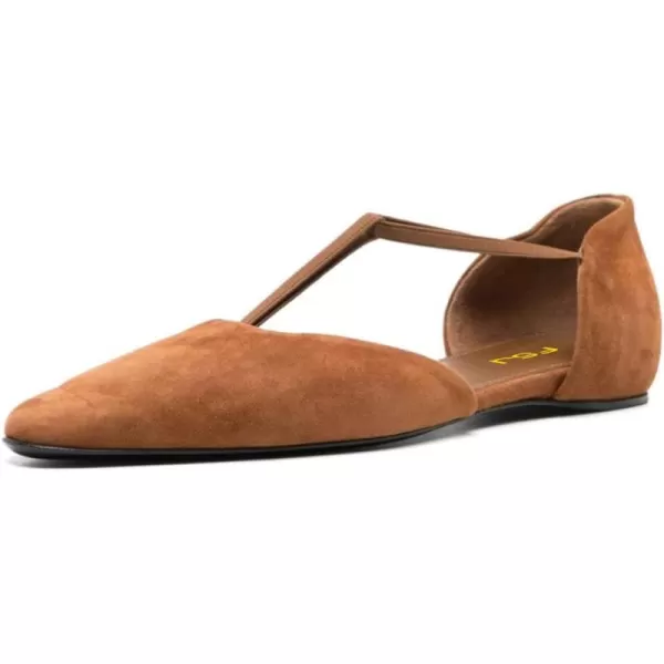 imageFSJ Women Dressy TStrap Ballet Flats Comfortable Elastic Closed Almond Toe Flats Slip On Cute Office Casual Walking ShoesBrown
