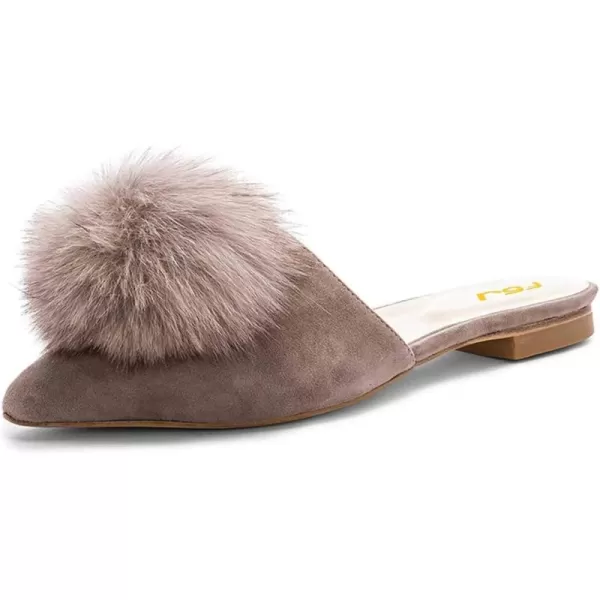 imageFSJ Women Fashion Flats Low Heel Sandal Slip On Mule Summer Pointed Toe Pom Pom ShoesTaupe