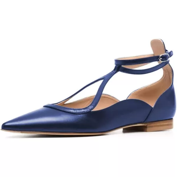 imageFSJ Womens Comfortable Chunky Low Heel Flat Cross Ankle Strap Buckle Classic Pointed Toe Retro TStrip Walking Dress Ladies Shoes Size 415 USBlue