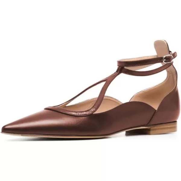 imageFSJ Womens Comfortable Chunky Low Heel Flat Cross Ankle Strap Buckle Classic Pointed Toe Retro TStrip Walking Dress Ladies Shoes Size 415 USBrown