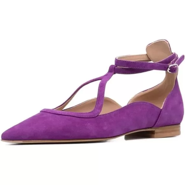 imageFSJ Womens Comfortable Chunky Low Heel Flat Cross Ankle Strap Buckle Classic Pointed Toe Retro TStrip Walking Dress Ladies Shoes Size 415 USDark Purple