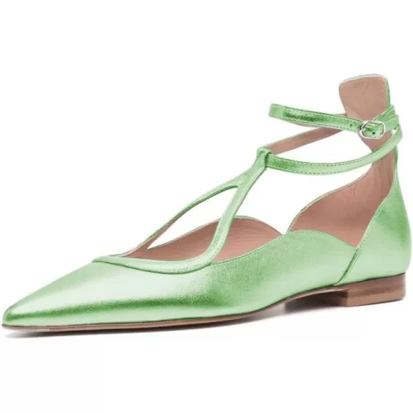 imageFSJ Womens Comfortable Chunky Low Heel Flat Cross Ankle Strap Buckle Classic Pointed Toe Retro TStrip Walking Dress Ladies Shoes Size 415 USGreen