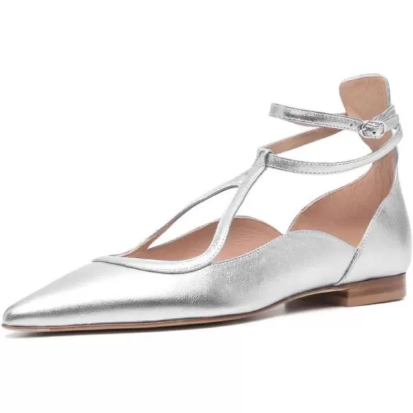 imageFSJ Womens Comfortable Chunky Low Heel Flat Cross Ankle Strap Buckle Classic Pointed Toe Retro TStrip Walking Dress Ladies Shoes Size 415 USSilver
