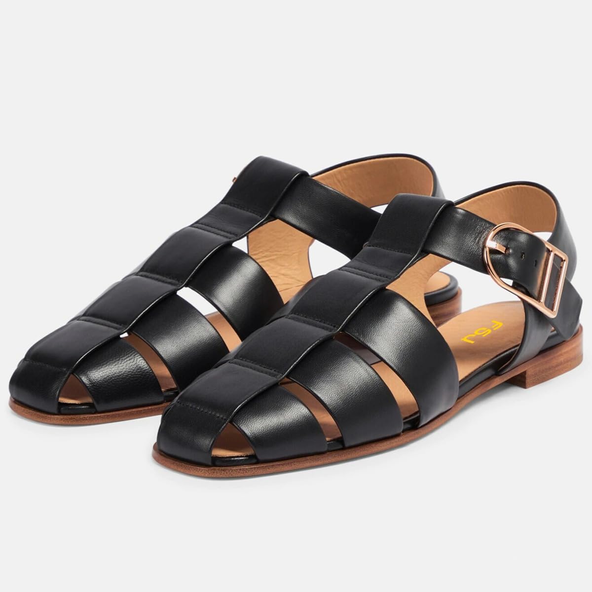 imageFSJ Women Vintage Closed Toe Flat Sandals Caged Comfort Adjustable Buckle Hollow Roman Fisherman Sandals Woven Casual Daily Slingback Shoes Size 416 USBlack Leather