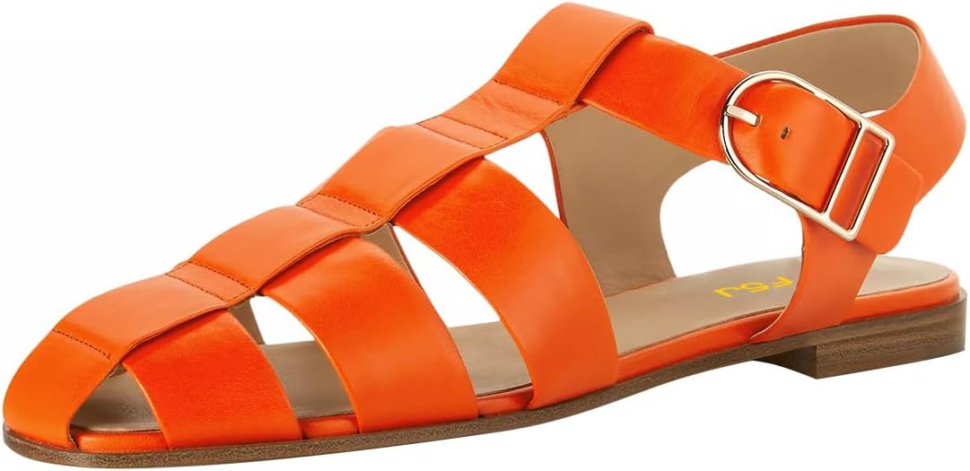 imageFSJ Women Vintage Closed Toe Flat Sandals Caged Comfort Adjustable Buckle Hollow Roman Fisherman Sandals Woven Casual Daily Slingback Shoes Size 416 USOrange