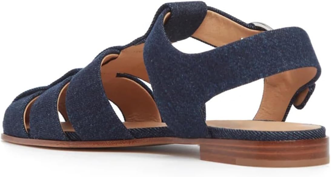 imageFSJ Women Vintage Closed Toe Flat Sandals Caged Comfort Adjustable Buckle Hollow Roman Fisherman Sandals Woven Casual Daily Slingback Shoes Size 416 USDark Blue Denim