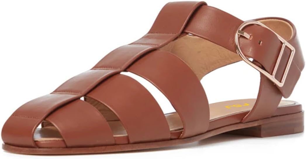 imageFSJ Women Vintage Closed Toe Flat Sandals Caged Comfort Adjustable Buckle Hollow Roman Fisherman Sandals Woven Casual Daily Slingback Shoes Size 416 USBrown
