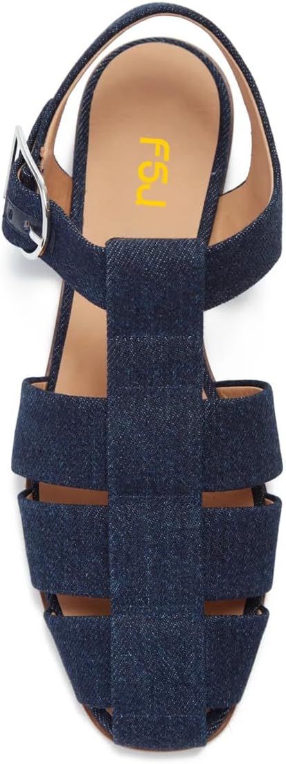 imageFSJ Women Vintage Closed Toe Flat Sandals Caged Comfort Adjustable Buckle Hollow Roman Fisherman Sandals Woven Casual Daily Slingback Shoes Size 416 USDark Blue Denim
