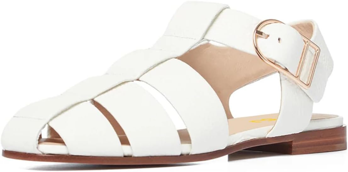 imageFSJ Women Vintage Closed Toe Flat Sandals Caged Comfort Adjustable Buckle Hollow Roman Fisherman Sandals Woven Casual Daily Slingback Shoes Size 416 USWhite