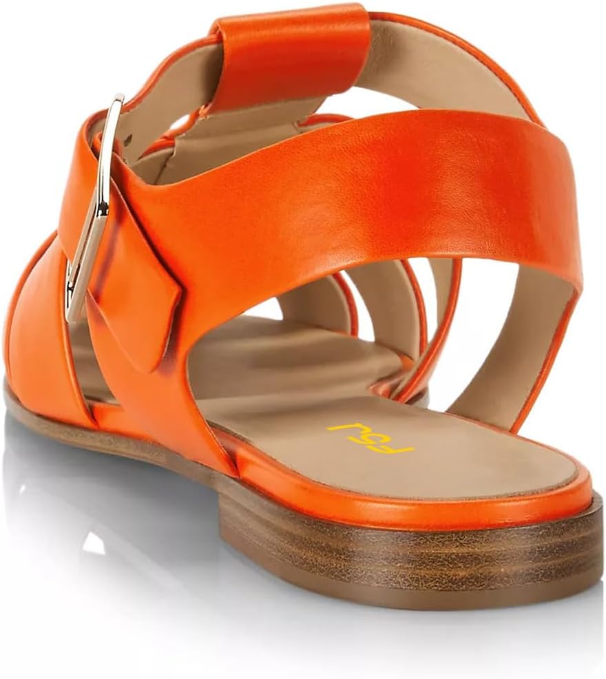 imageFSJ Women Vintage Closed Toe Flat Sandals Caged Comfort Adjustable Buckle Hollow Roman Fisherman Sandals Woven Casual Daily Slingback Shoes Size 416 USOrange