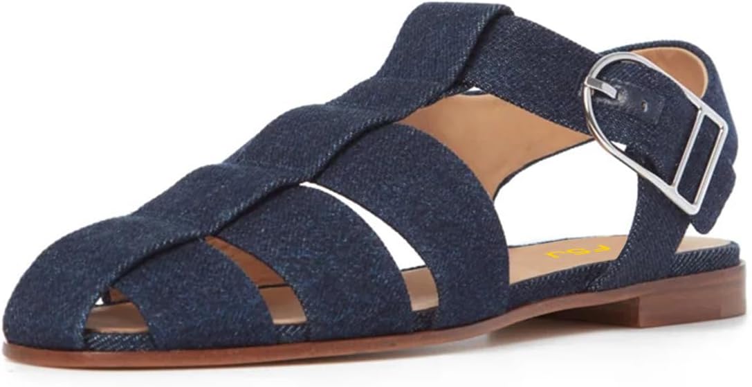 imageFSJ Women Vintage Closed Toe Flat Sandals Caged Comfort Adjustable Buckle Hollow Roman Fisherman Sandals Woven Casual Daily Slingback Shoes Size 416 USDark Blue Denim