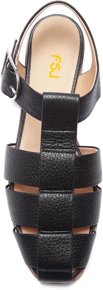 imageFSJ Women Vintage Closed Toe Flat Sandals Caged Comfort Adjustable Buckle Hollow Roman Fisherman Sandals Woven Casual Daily Slingback Shoes Size 416 USBlack