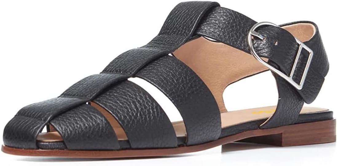 imageFSJ Women Vintage Closed Toe Flat Sandals Caged Comfort Adjustable Buckle Hollow Roman Fisherman Sandals Woven Casual Daily Slingback Shoes Size 416 USBlack
