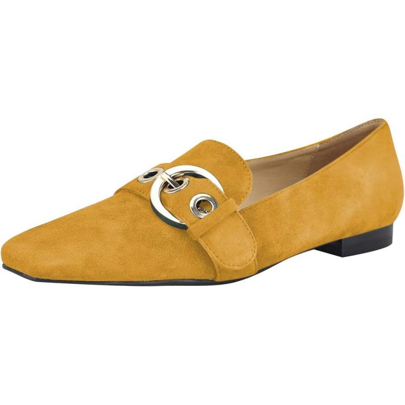 imageFSJ Women Squared Toe Loafers Comfort Slip On Flats Block Chunky Low Heel Buckle Decor Casual Dress Work Office Shoes Size 415 USGoldenrod