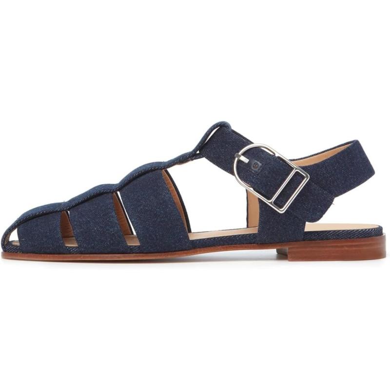 imageFSJ Women Vintage Closed Toe Flat Sandals Caged Comfort Adjustable Buckle Hollow Roman Fisherman Sandals Woven Casual Daily Slingback Shoes Size 416 USDark Blue Denim
