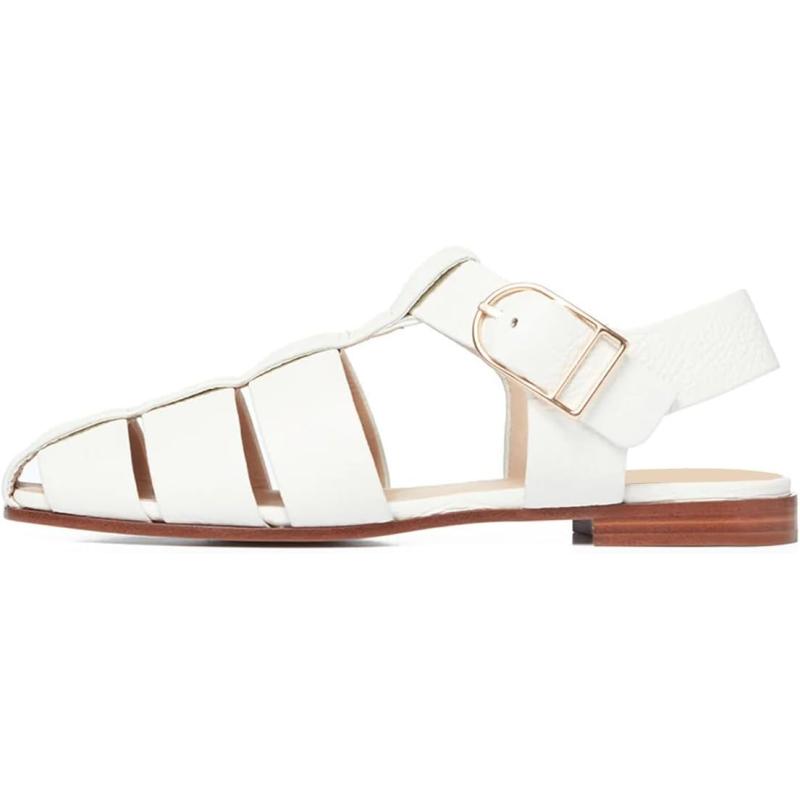 imageFSJ Women Vintage Closed Toe Flat Sandals Caged Comfort Adjustable Buckle Hollow Roman Fisherman Sandals Woven Casual Daily Slingback Shoes Size 416 USWhite