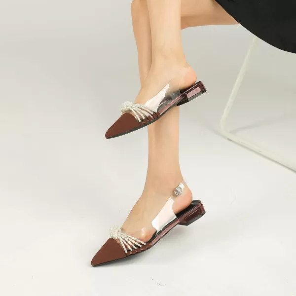 imageFSJ Women Clear Flats Pearls Slingback Low Block Heel Pumps Classy Pointed Toe Ankle Buckle Transparent PVC Wedding Dress Sandals Shoes Size 415 USBrown