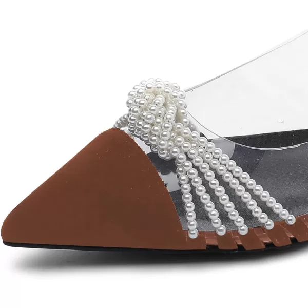 imageFSJ Women Clear Flats Pearls Slingback Low Block Heel Pumps Classy Pointed Toe Ankle Buckle Transparent PVC Wedding Dress Sandals Shoes Size 415 USBrown