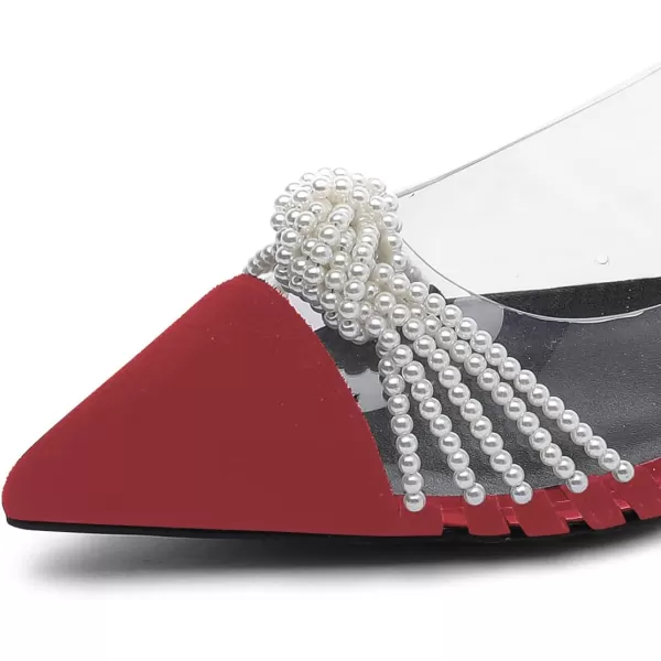 imageFSJ Women Clear Flats Pearls Slingback Low Block Heel Pumps Classy Pointed Toe Ankle Buckle Transparent PVC Wedding Dress Sandals Shoes Size 415 USRed