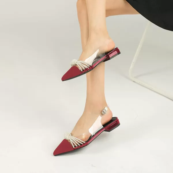 imageFSJ Women Clear Flats Pearls Slingback Low Block Heel Pumps Classy Pointed Toe Ankle Buckle Transparent PVC Wedding Dress Sandals Shoes Size 415 USRed