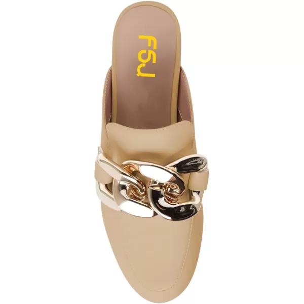 imageFSJ Women Closed Toe Chain Flat Mules Comfortable Slip On Loafers Slides Backless Dress Sandal Ladies Casual Walking Mules Shoes Size 415 USNude