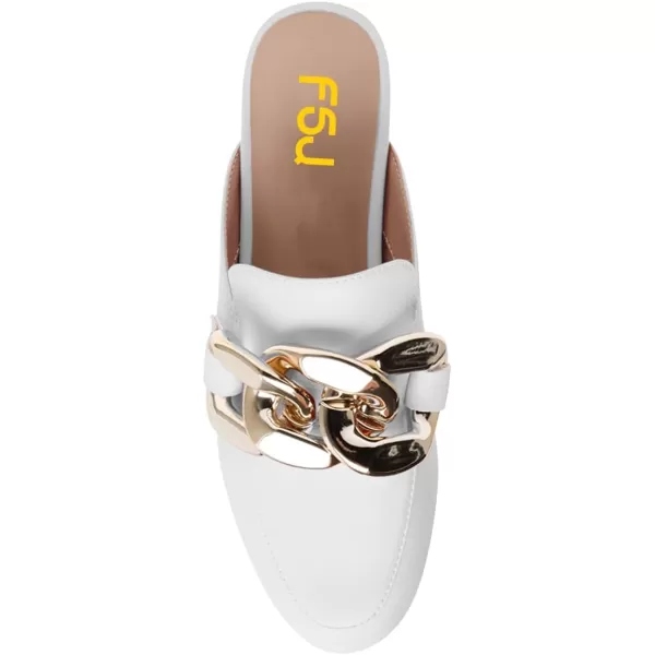 imageFSJ Women Closed Toe Chain Flat Mules Comfortable Slip On Loafers Slides Backless Dress Sandal Ladies Casual Walking Mules Shoes Size 415 USWhite