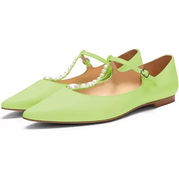 imageFSJ Women Flats Comfortable Closed Toe TStrap Pearls Ballet Flats Soft Slip On Ladies Casual Dressy Shoes Size 415 USLawn Green