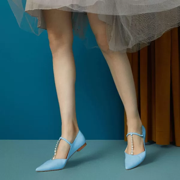 imageFSJ Women Flats Comfortable Closed Toe TStrap Pearls Ballet Flats Soft Slip On Ladies Casual Dressy Shoes Size 415 USSky Blue