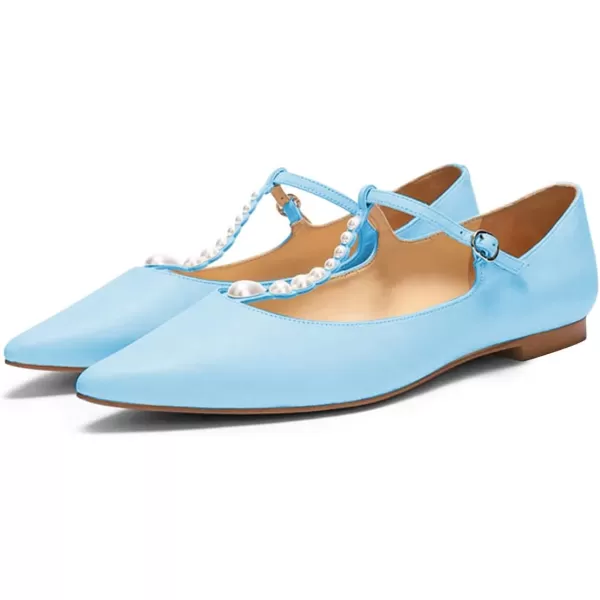 imageFSJ Women Flats Comfortable Closed Toe TStrap Pearls Ballet Flats Soft Slip On Ladies Casual Dressy Shoes Size 415 USSky Blue