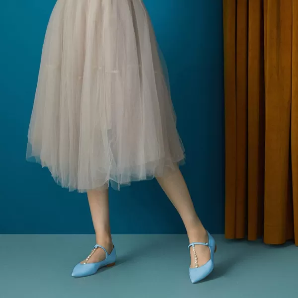 imageFSJ Women Flats Comfortable Closed Toe TStrap Pearls Ballet Flats Soft Slip On Ladies Casual Dressy Shoes Size 415 USSky Blue