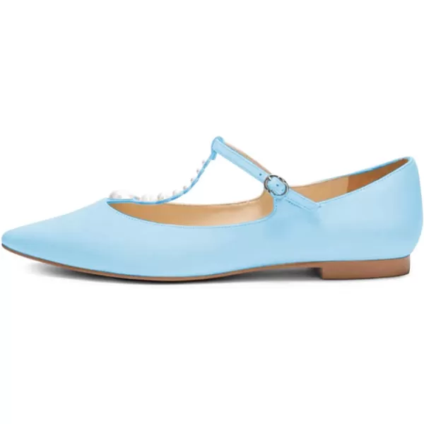 imageFSJ Women Flats Comfortable Closed Toe TStrap Pearls Ballet Flats Soft Slip On Ladies Casual Dressy Shoes Size 415 USSky Blue