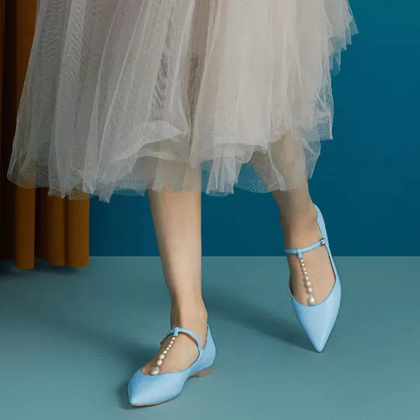 imageFSJ Women Flats Comfortable Closed Toe TStrap Pearls Ballet Flats Soft Slip On Ladies Casual Dressy Shoes Size 415 USSky Blue