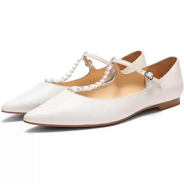 imageFSJ Women Flats Comfortable Closed Toe TStrap Pearls Ballet Flats Soft Slip On Ladies Casual Dressy Shoes Size 415 USWhite