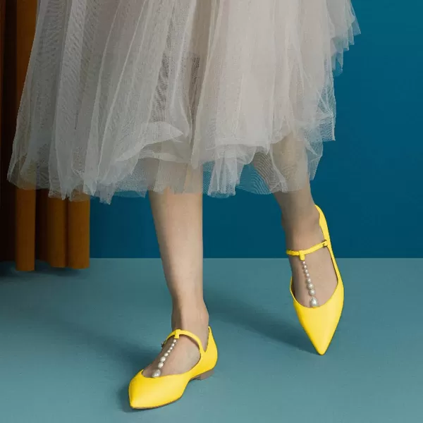 imageFSJ Women Flats Comfortable Closed Toe TStrap Pearls Ballet Flats Soft Slip On Ladies Casual Dressy Shoes Size 415 USYellow