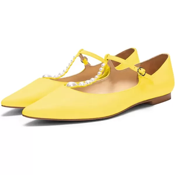 imageFSJ Women Flats Comfortable Closed Toe TStrap Pearls Ballet Flats Soft Slip On Ladies Casual Dressy Shoes Size 415 USYellow
