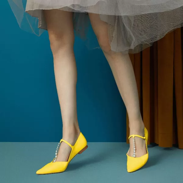 imageFSJ Women Flats Comfortable Closed Toe TStrap Pearls Ballet Flats Soft Slip On Ladies Casual Dressy Shoes Size 415 USYellow