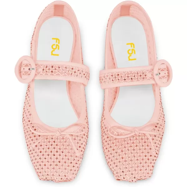 imageFSJ Women Rhinestones Mesh Ballet Flats Sparkly Square Toe Crystal Embellished Bowtie Mary Jane with Buckled Strap Comfy Studded Ballerina Shoes Size 415 USPink