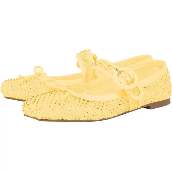 imageFSJ Women Rhinestones Mesh Ballet Flats Sparkly Square Toe Crystal Embellished Bowtie Mary Jane with Buckled Strap Comfy Studded Ballerina Shoes Size 415 USYellow