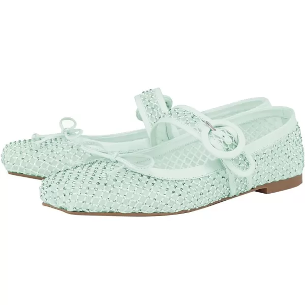 imageFSJ Women Rhinestones Mesh Ballet Flats Sparkly Square Toe Crystal Embellished Bowtie Mary Jane with Buckled Strap Comfy Studded Ballerina Shoes Size 415 USLight Mint Green