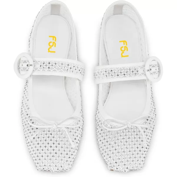 imageFSJ Women Rhinestones Mesh Ballet Flats Sparkly Square Toe Crystal Embellished Bowtie Mary Jane with Buckled Strap Comfy Studded Ballerina Shoes Size 415 USWhite